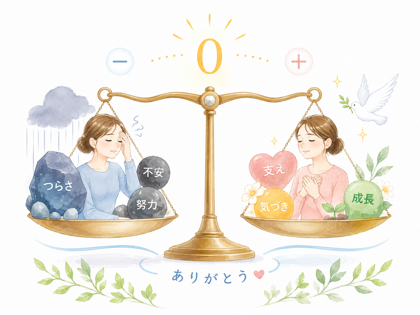 つらさと支え・気づきが±0で釣り合う天秤と「ありがとう」