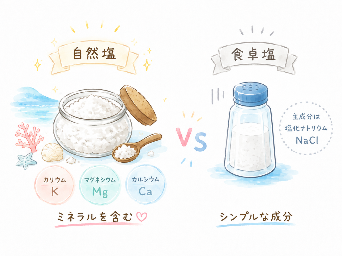 自然塩と食卓塩のちがい。ミネラルを含むかどうかが分かれ目です