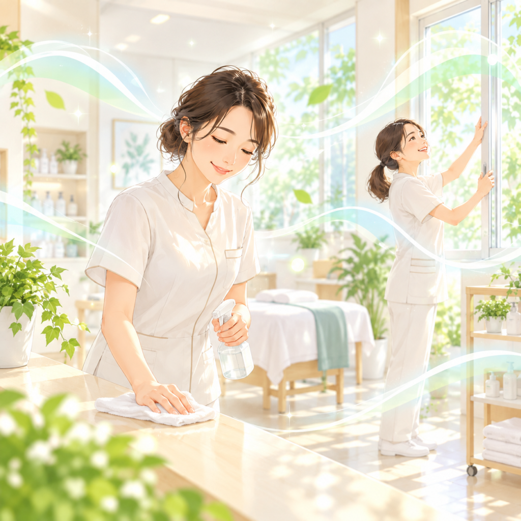 院長コラムの挿絵：院内を清掃するスタッフ