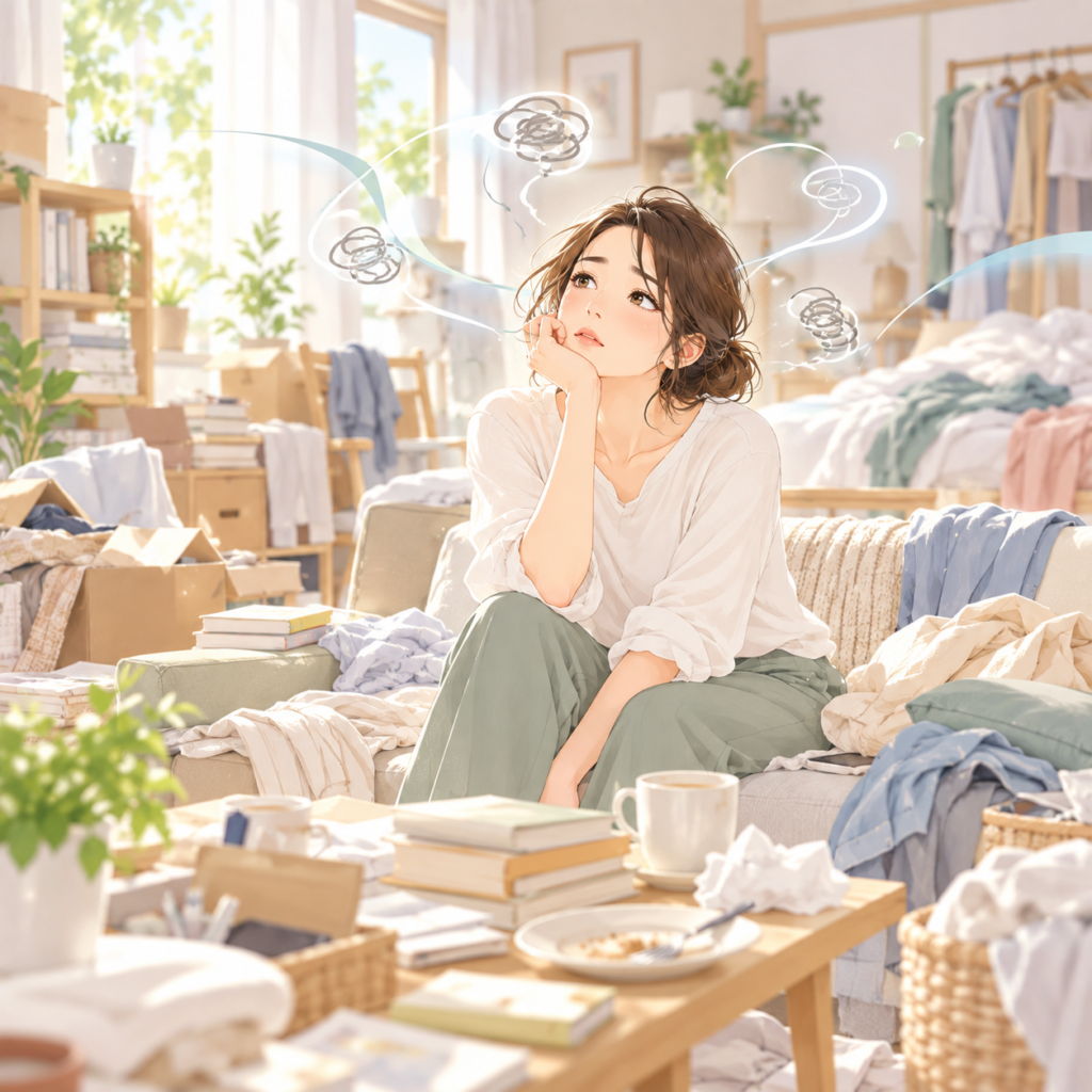 院長コラムの挿絵：片付いていない部屋で落ち着かない女性