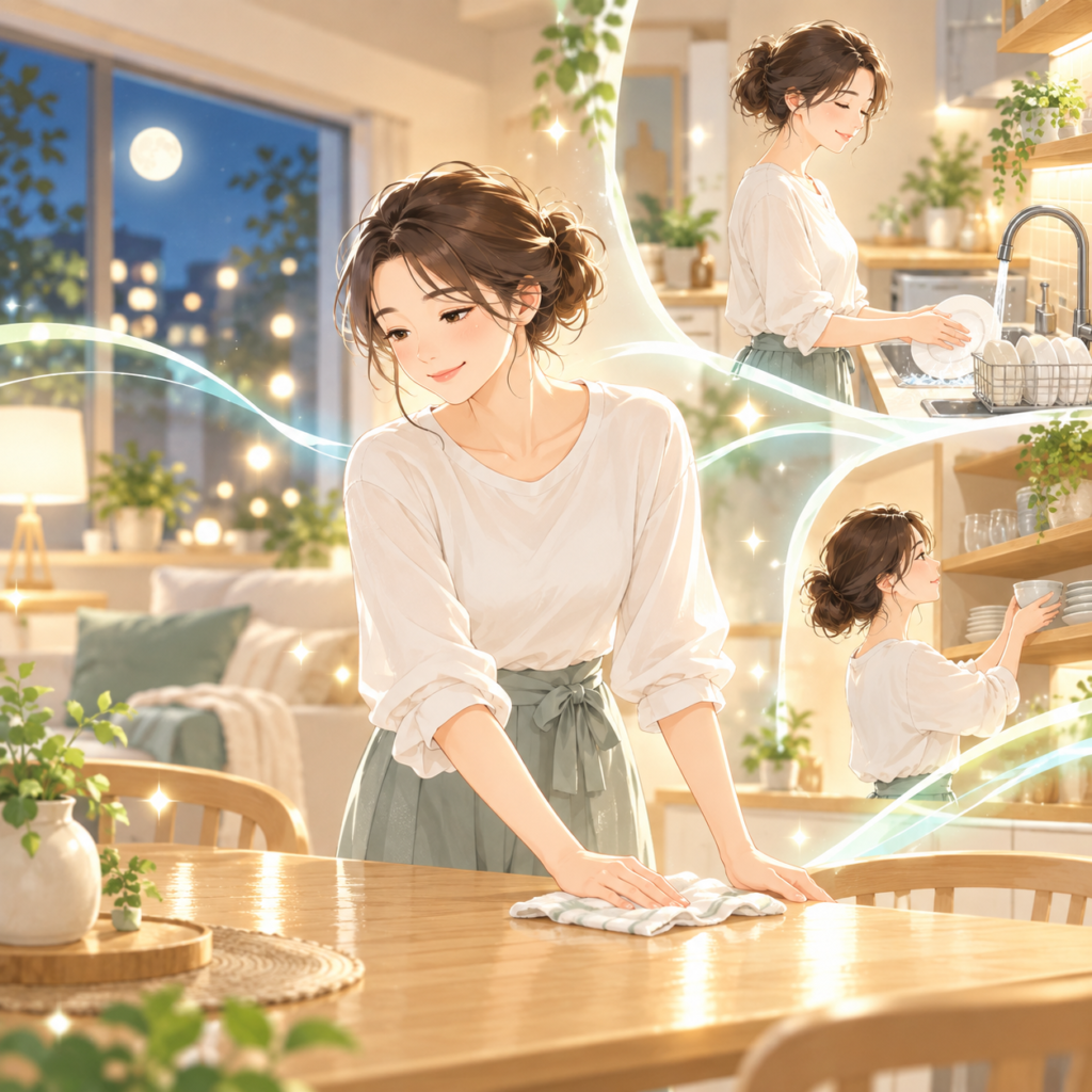 院長コラムの挿絵：1日の終わりに片付ける女性