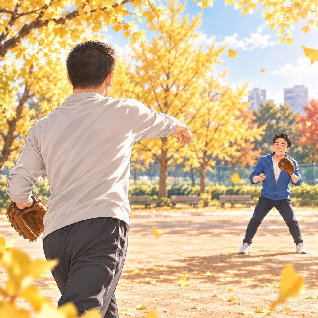 院長コラムの挿絵:公園でスタッフとキャッチボールをする総院長の後ろ姿(イラスト)