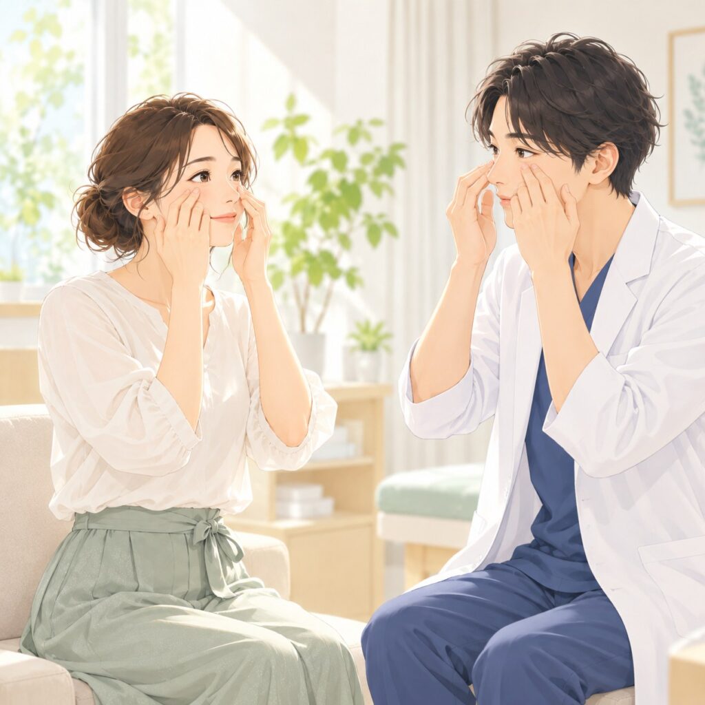 院長コラムの挿絵:担当者と一緒に目元のトレーニングをする女性