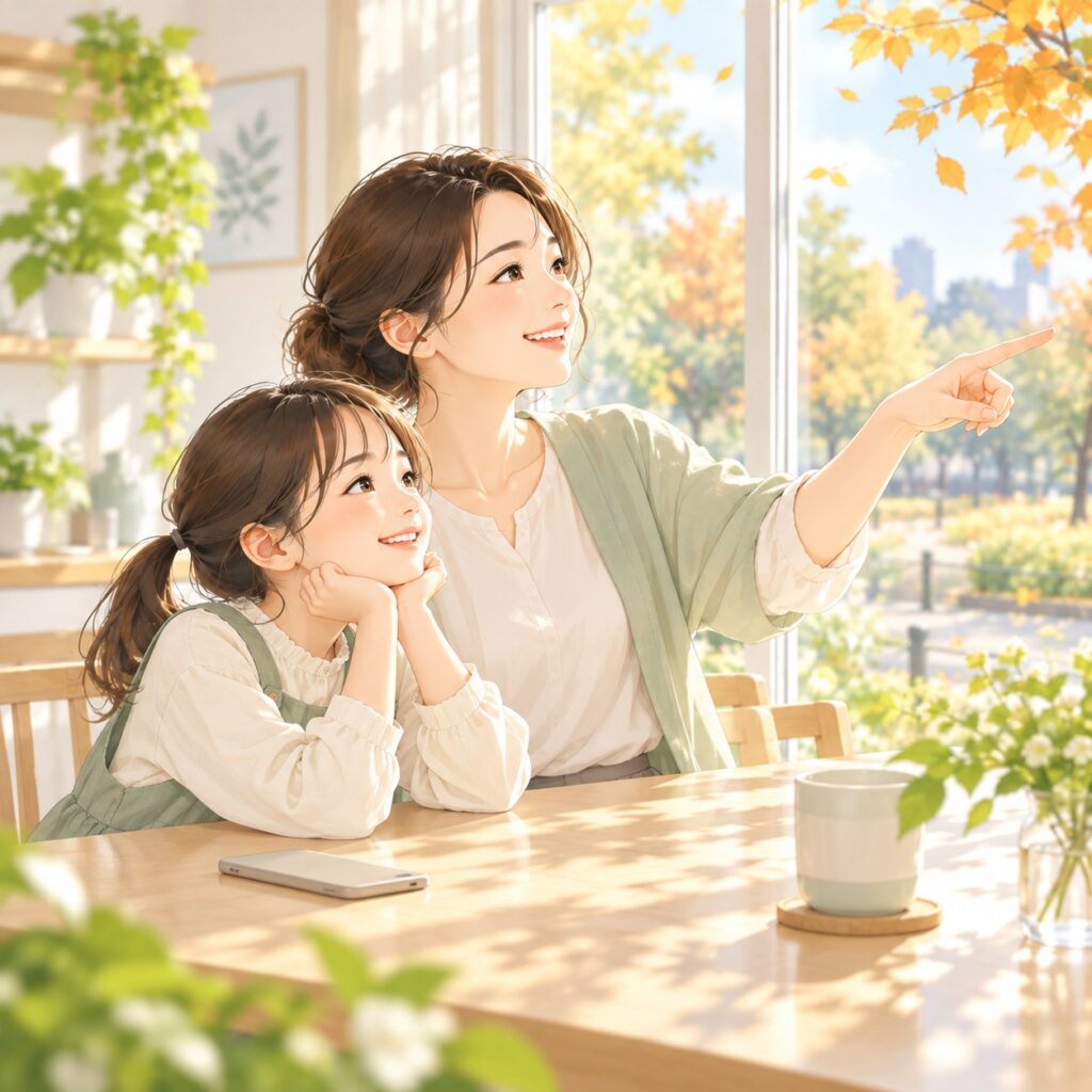 院長コラムの挿絵:スマホを置いて目を休める親子