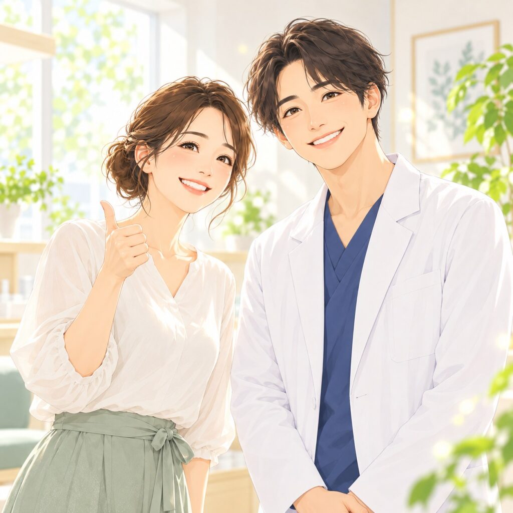 院長コラムの挿絵:目が良くなって担当者と笑顔で喜ぶ女性