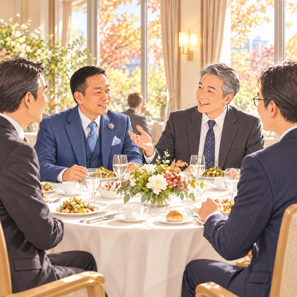 院長コラムの挿絵:ホテルの昼食でロータリークラブの人と交流する総院長(イラスト)