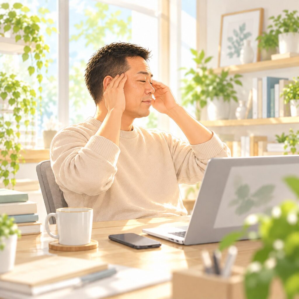 院長コラムの挿絵:パソコン作業の合間に目を休める総院長(イラスト)